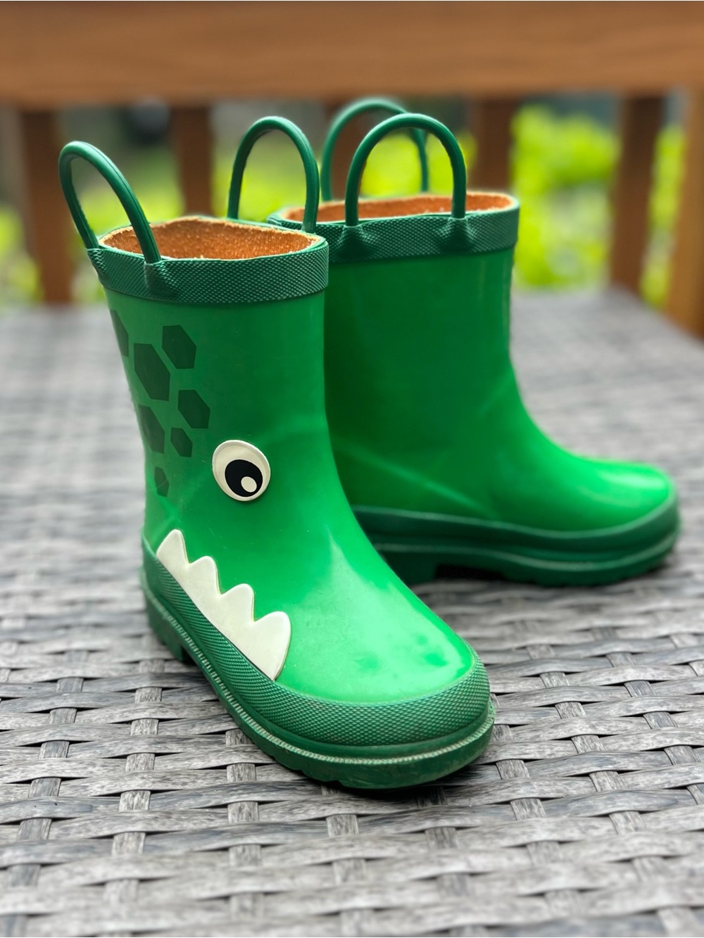 Kids Green Monster Rain Boots with pull-up straps — Halloween costume maybe?